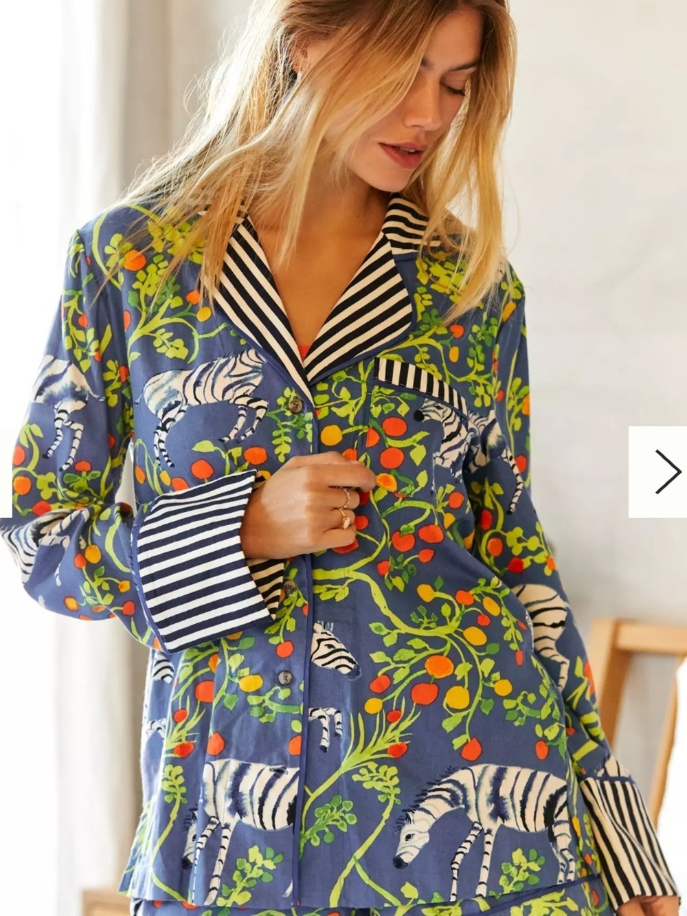 Anthro Blue Zebra & Fruit Print Pajama Top with Black-White Striped Trim Cotton